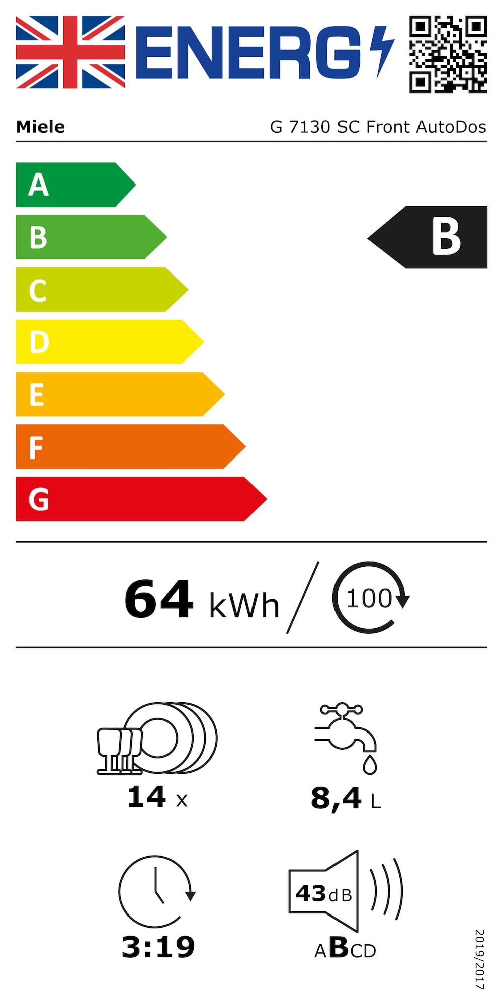 Energy label G 7130 SC Front AutoDos CleanSteel front